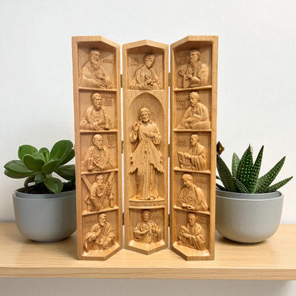 Wooden Icon Triptych: Jesus & 12 Apostles - Catholic Home Decor