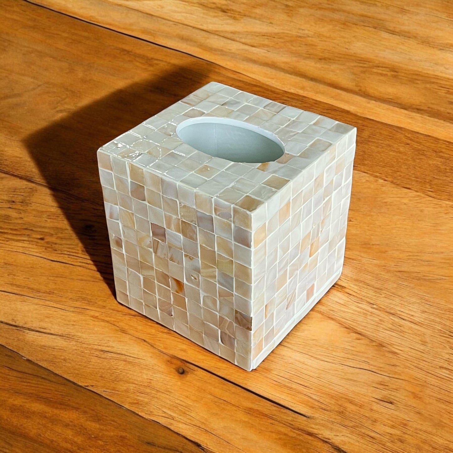Mother of Pearl Inlay Cube Tissue Box Cover: Ivory Color Square Mosaic Pattern