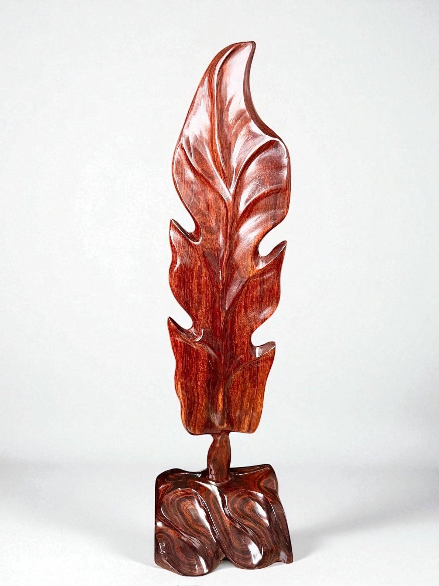 Hand-Carved Rosewood Oak Leaf Sculpture: Natural Wood Decor 27'' tall
