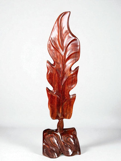 Hand-Carved Rosewood Oak Leaf Sculpture: Natural Wood Decor 27'' tall