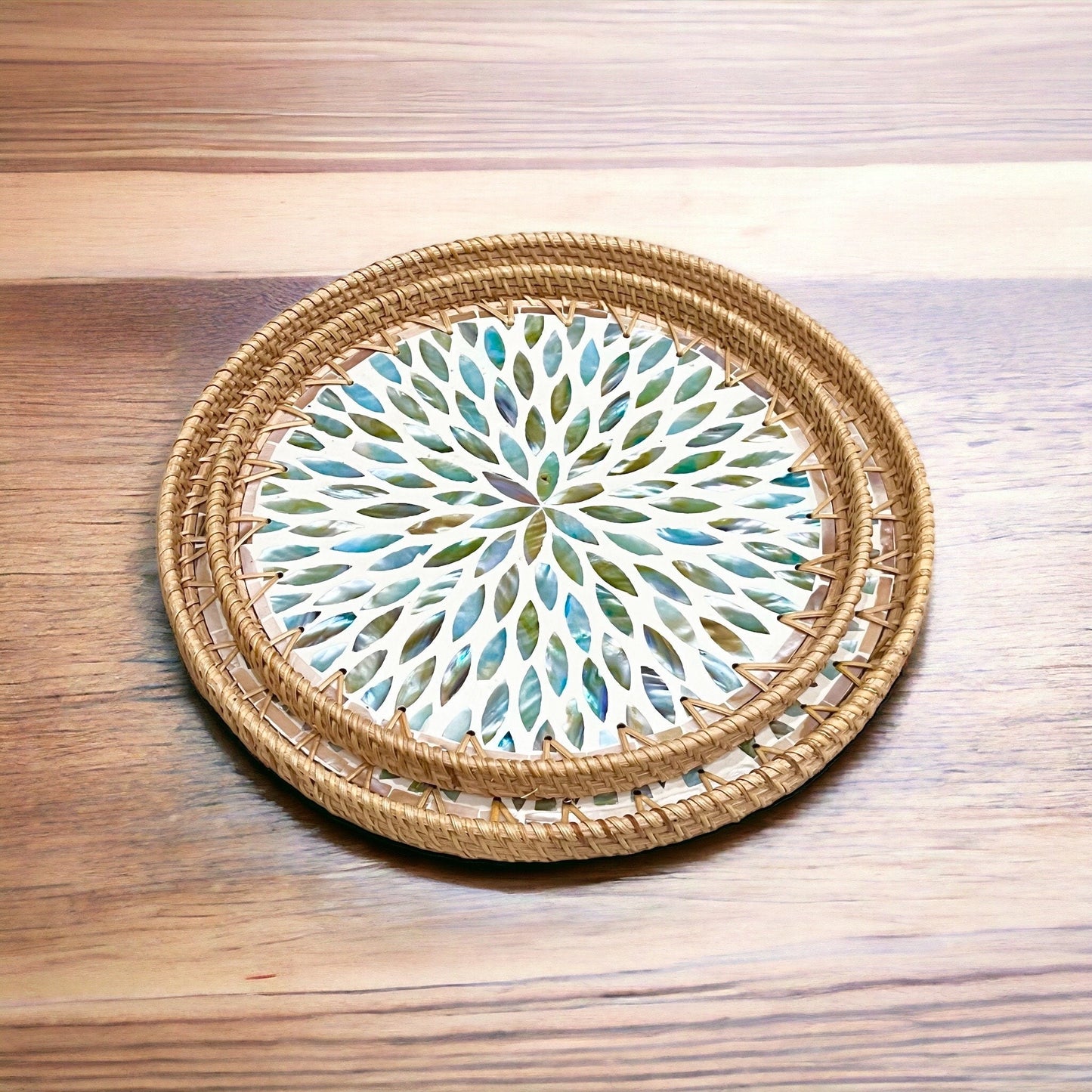 Aqua flower Hand-woven Rattan & Mother Pearl Inlay Serving Tray