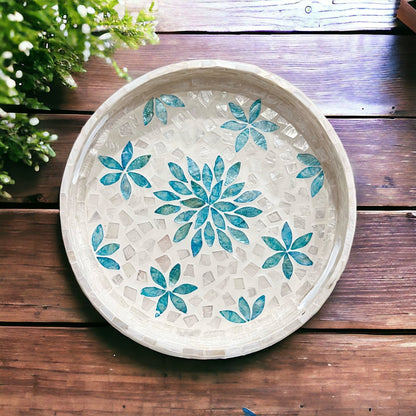 Round Mother of Pearl & Capiz Shell Floral Inlay Tray with Blue Accents