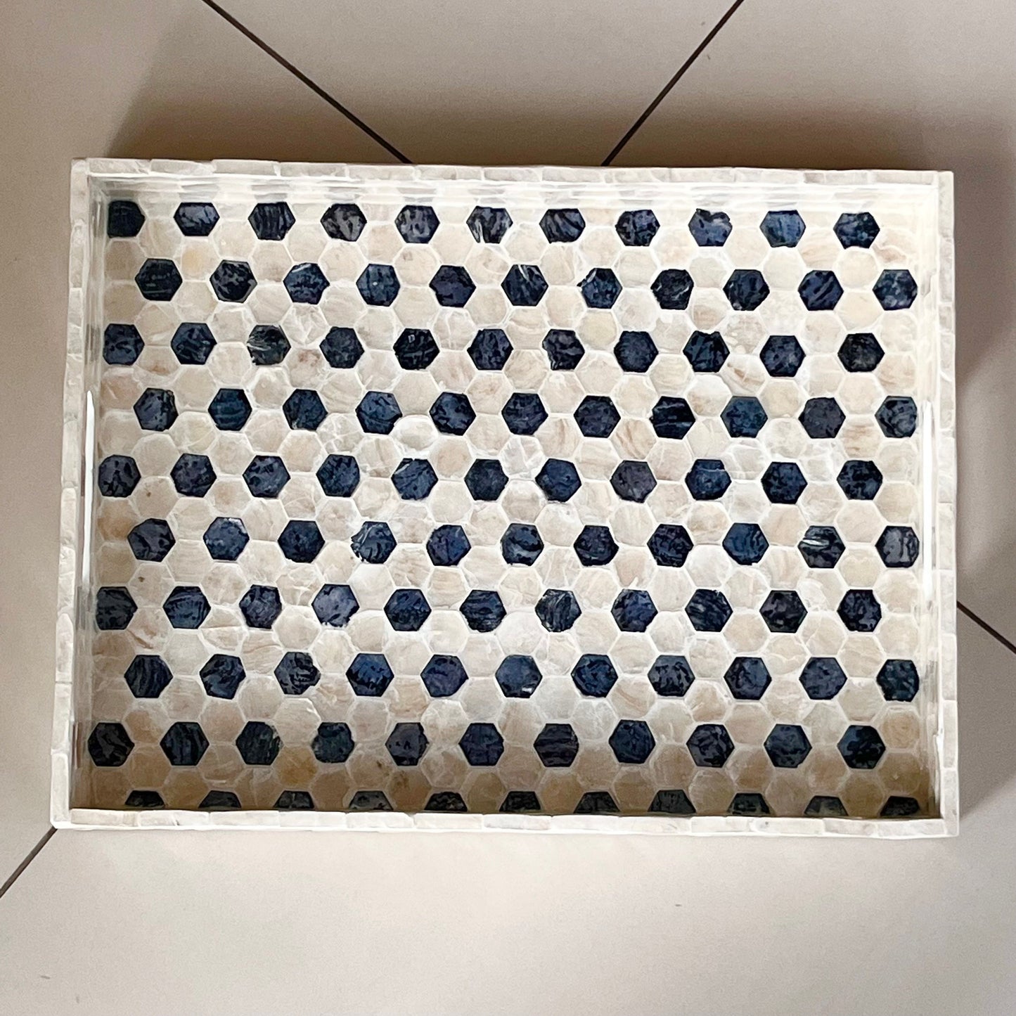 Rectangular Black & Ivory Capiz Shell Hexagon Inlay Tray