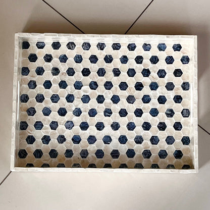 Rectangular Black & Ivory Capiz Shell Hexagon Inlay Tray