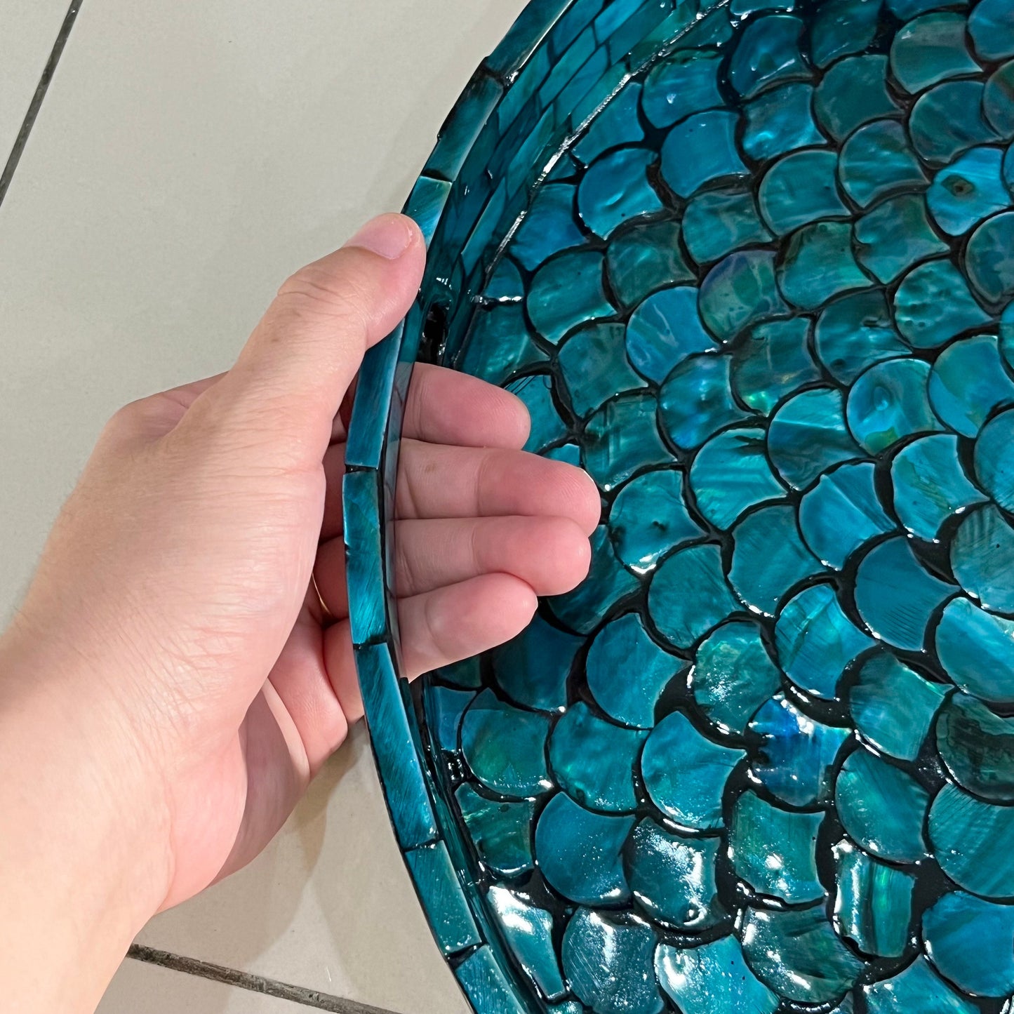 Round Turquoise Mother of Pearl Scallop Inlay Tray