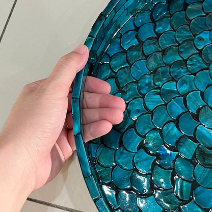 Round Turquoise Mother of Pearl Scallop Inlay Tray