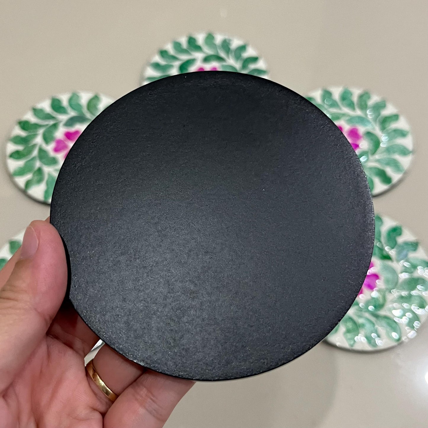 Floral Capiz Shell Coaster Set with Holder – Handmade Decorative Drink Coasters