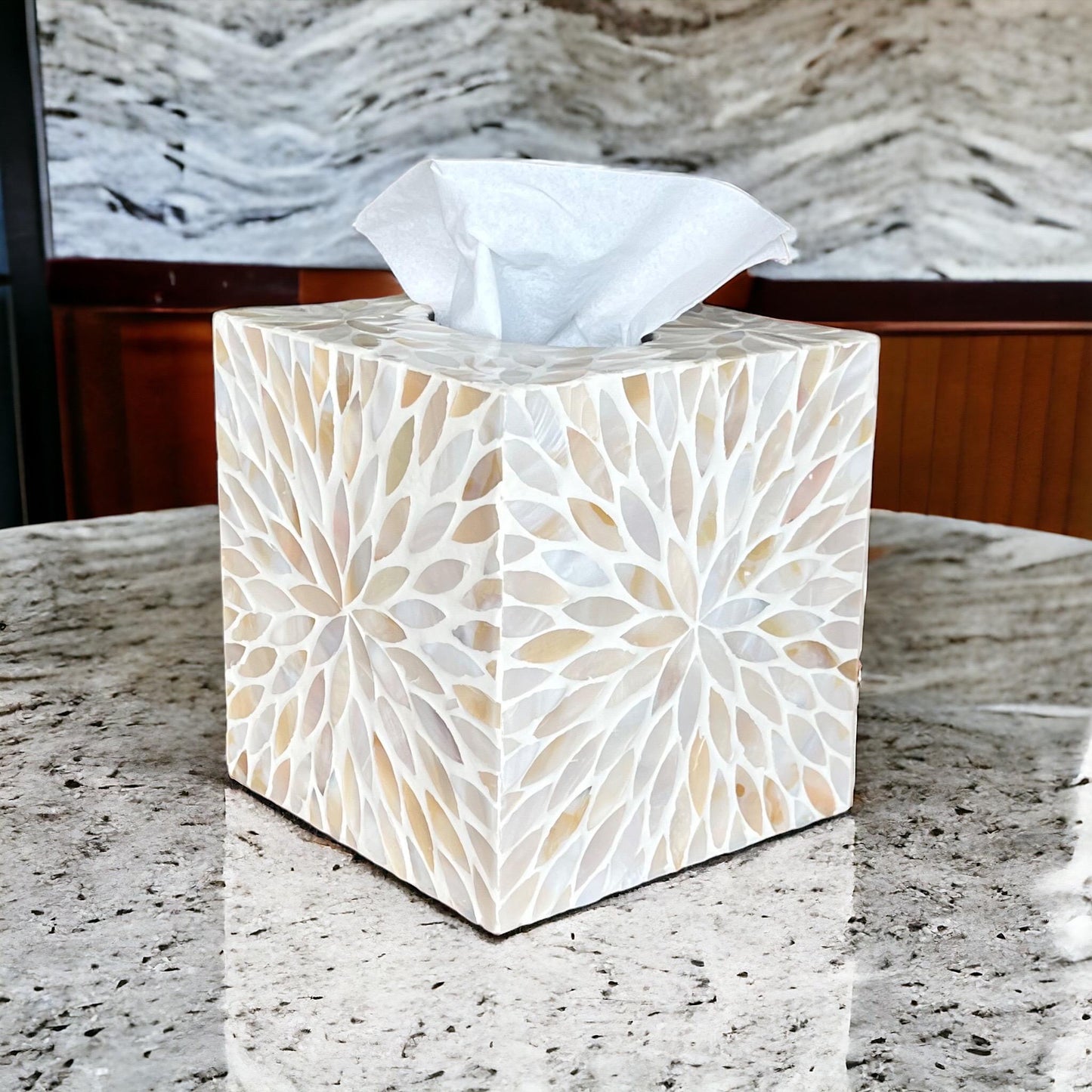 Mother of Pearl Inlay Tissue Box Cover - Ivory Cream Floral Nacre Design