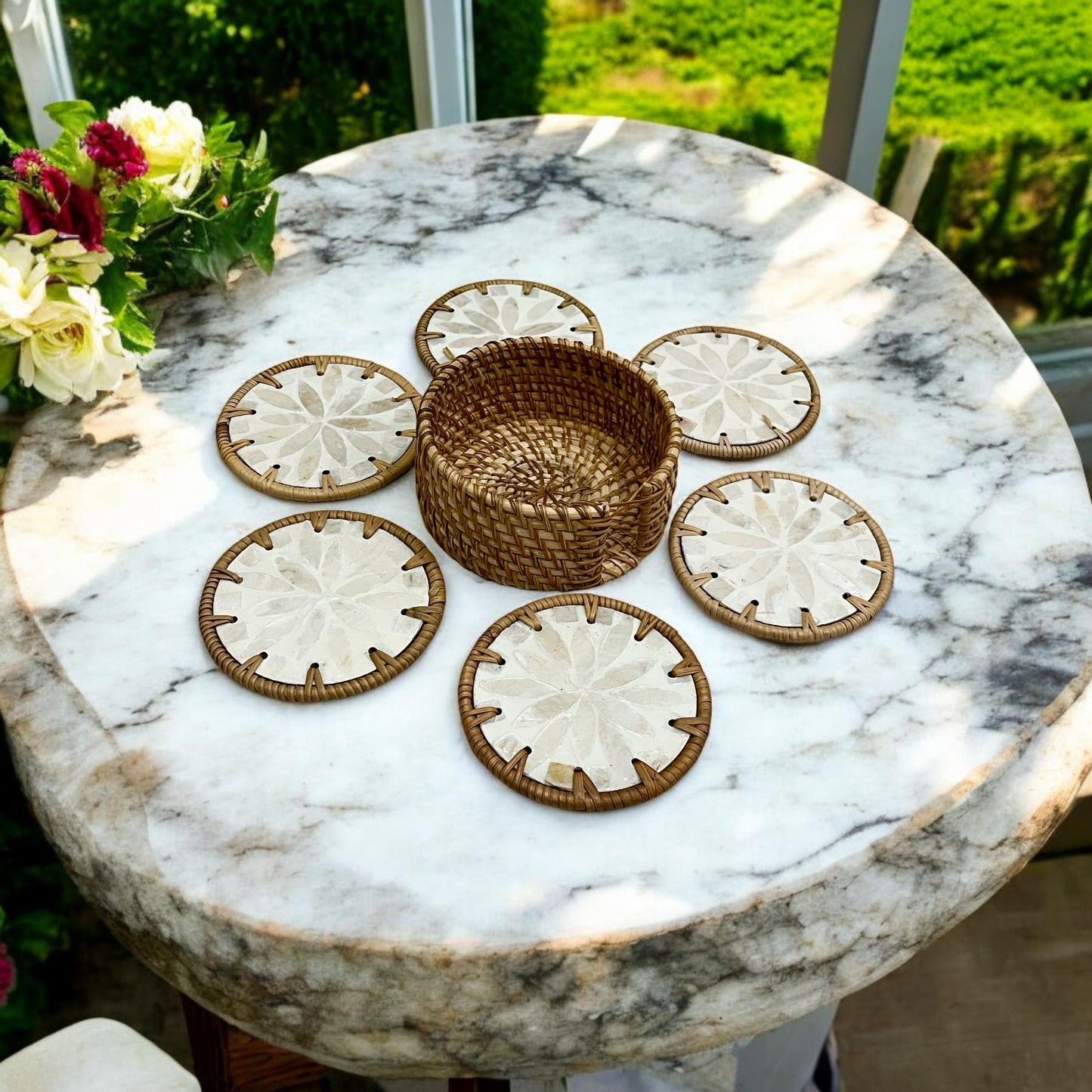 Ivory Floral Capiz Shell Coaster Set with Rattan Holder