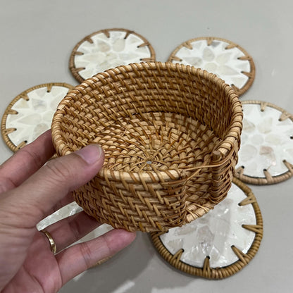 Round Ivory Capiz Shell & Rattan Coaster Set with Handwoven Holder