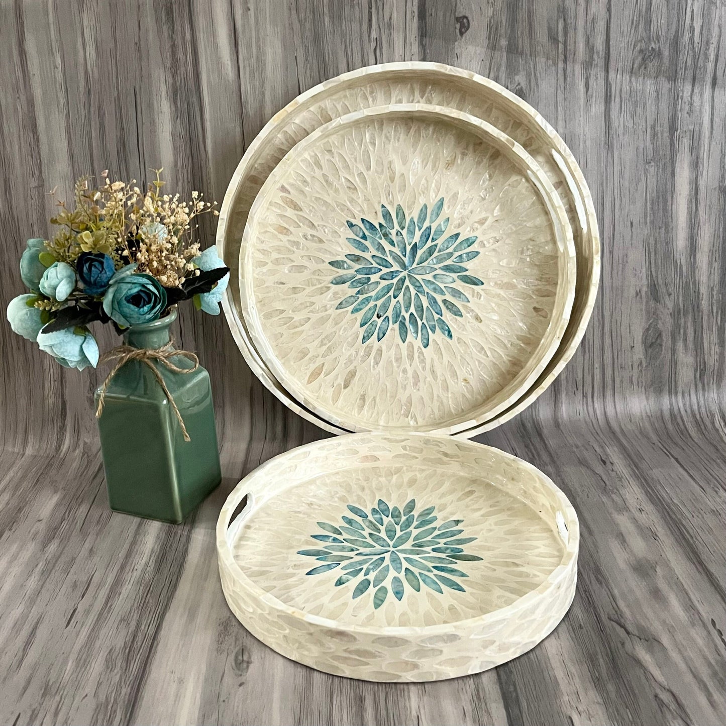 Round Capiz Shell Floral Inlay Tray with Teal Center