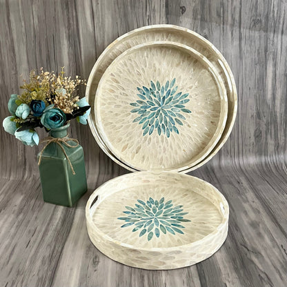 Round Capiz Shell Floral Inlay Tray with Teal Center