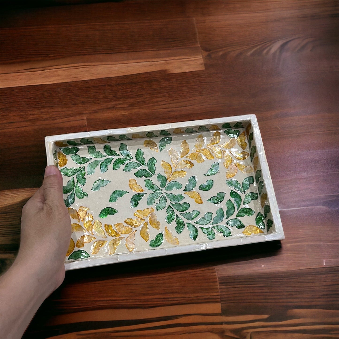 Handmade Mother of Pearl & Capiz Shell Rectangular Tray – Decorative Organizer