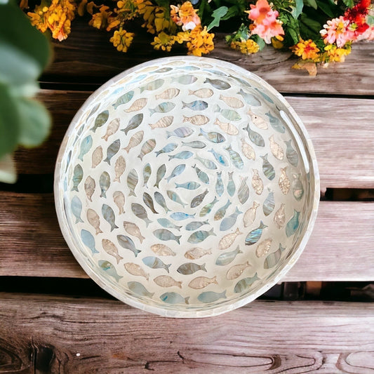 Mother of Pearl Fish Inlay Round Tray – Handmade Decorative Serving Tray