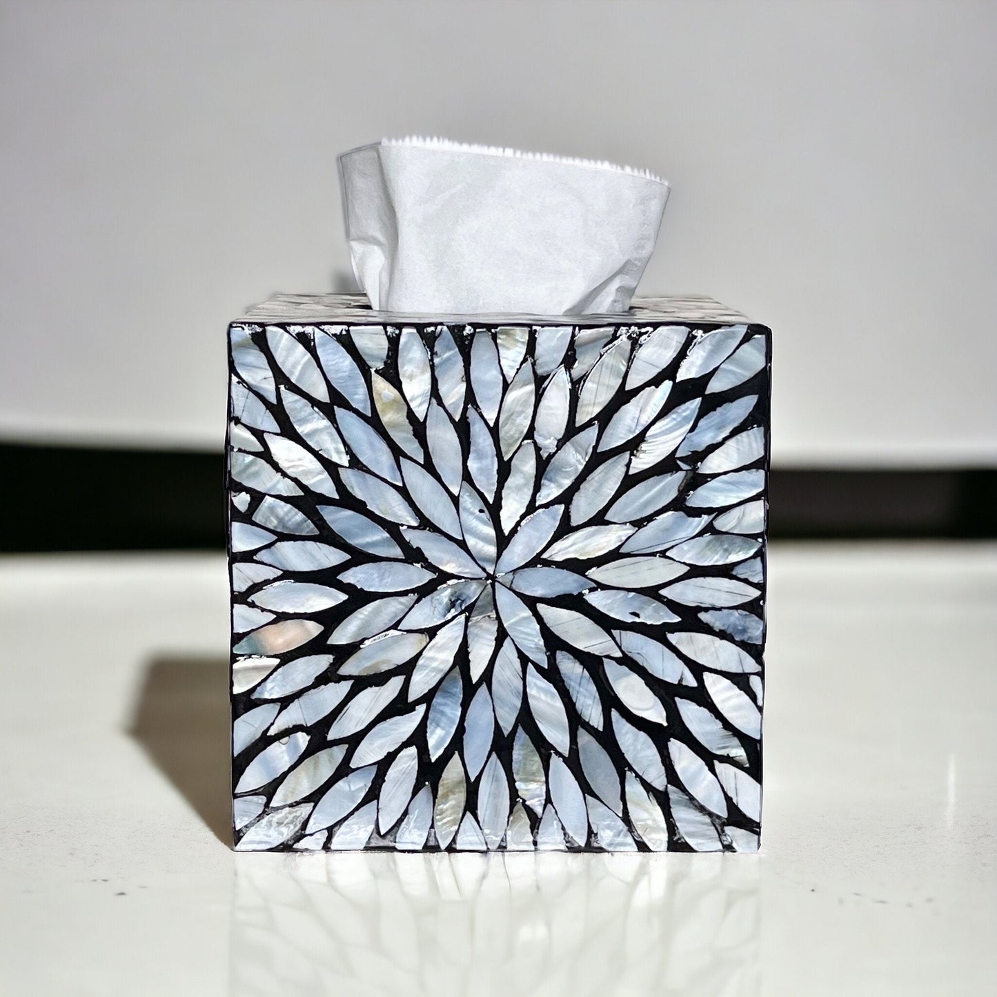 Black & White Floral Cube Mother of Pearl Tissue Box Cover