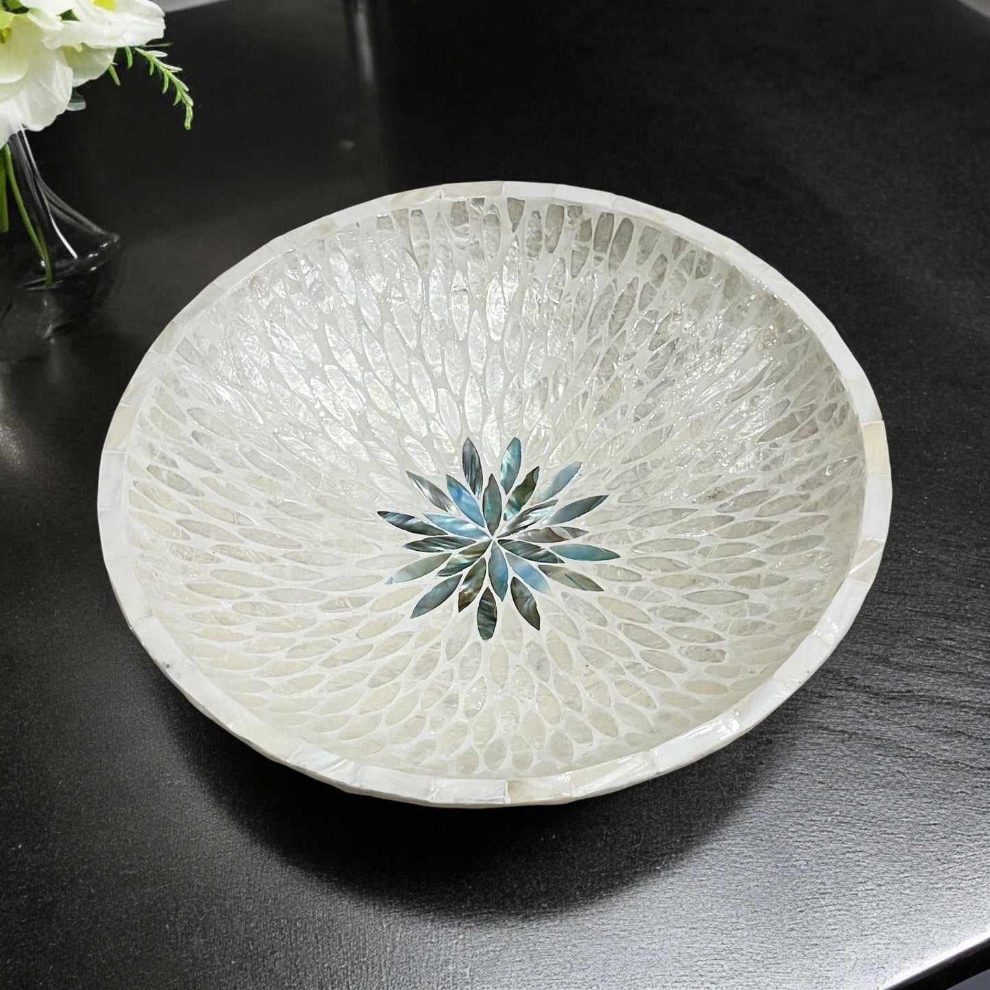 Capiz Shell Inlay Bowl: Handmade Mother of Pearl Centerpiece 14 in 36 cm