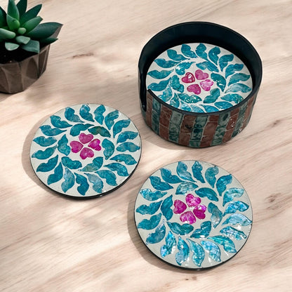 Capiz Shell Coasters Set: Blue Leaves, Pink Flowers, Round Coasters with Holder