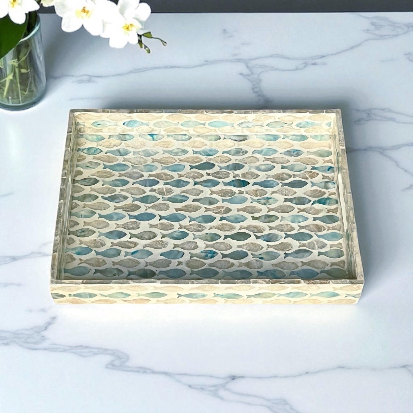 Rectangular Mother of Pearl & Capiz Shell Fish Pattern Inlay Tray