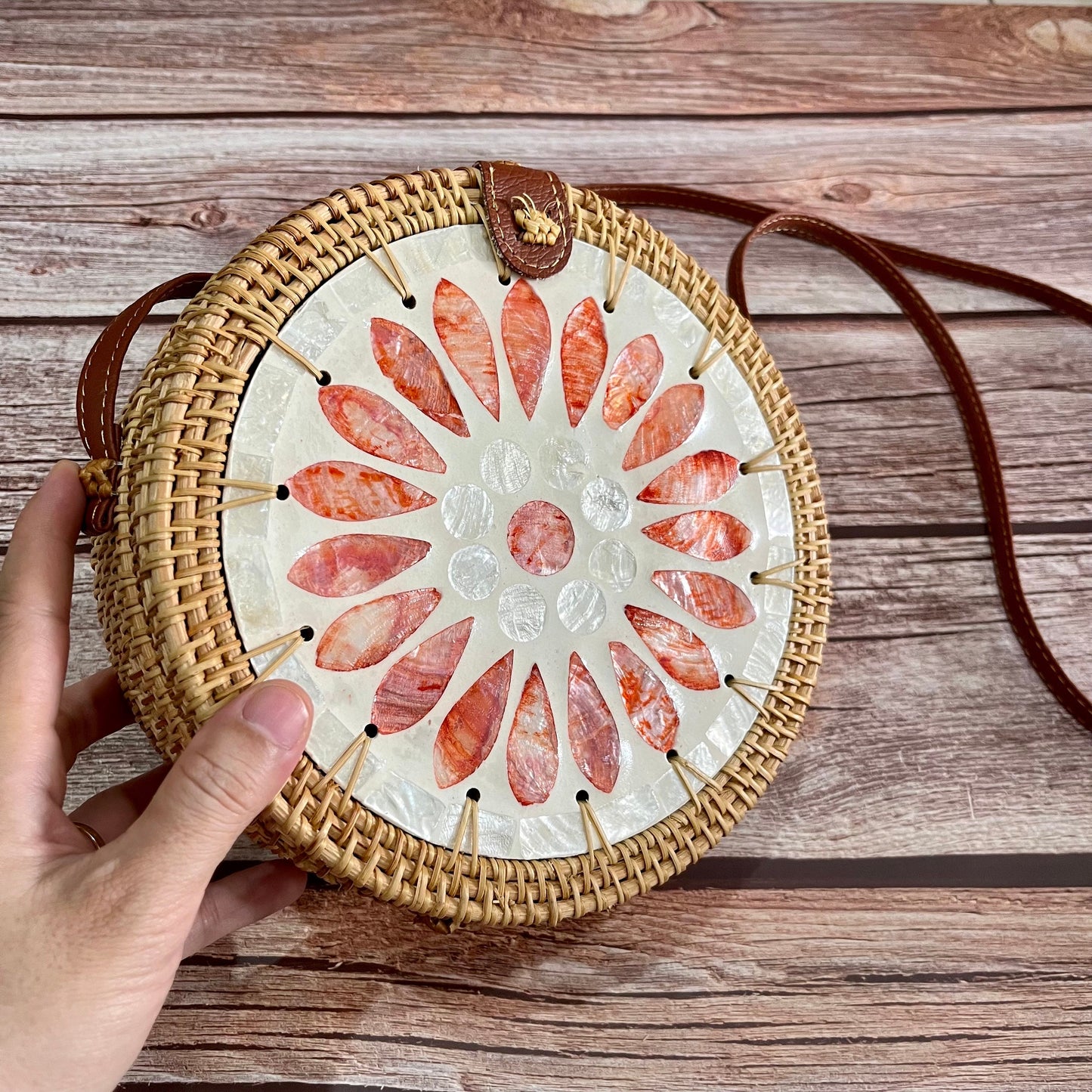Summer Red Flower Round Rattan Crossbody Bag