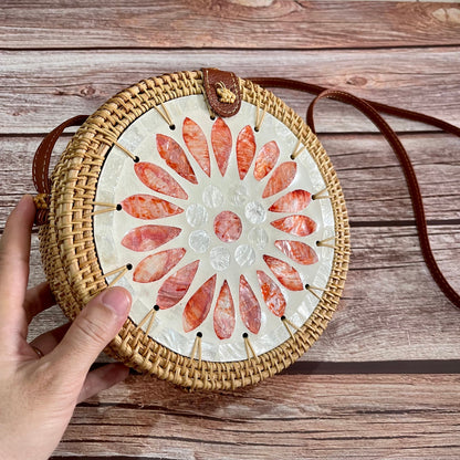 Summer Red Flower Round Rattan Crossbody Bag