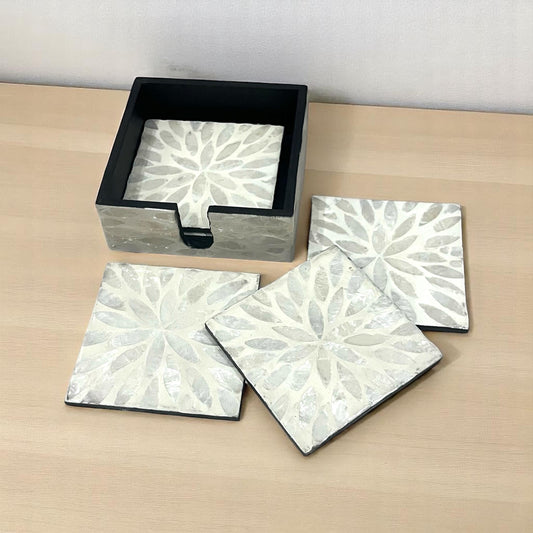 Square Capiz Shell Coaster Set with Holder – Handmade Ivory Drink Coasters