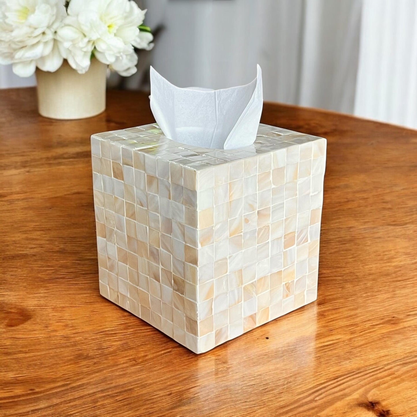 Mother of Pearl Inlay Cube Tissue Box Cover: Ivory Color Square Mosaic Pattern