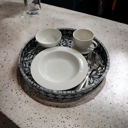 Black Mother of Pearl Leaf Inlay Tray – Handmade Round Decorative Serving Tray