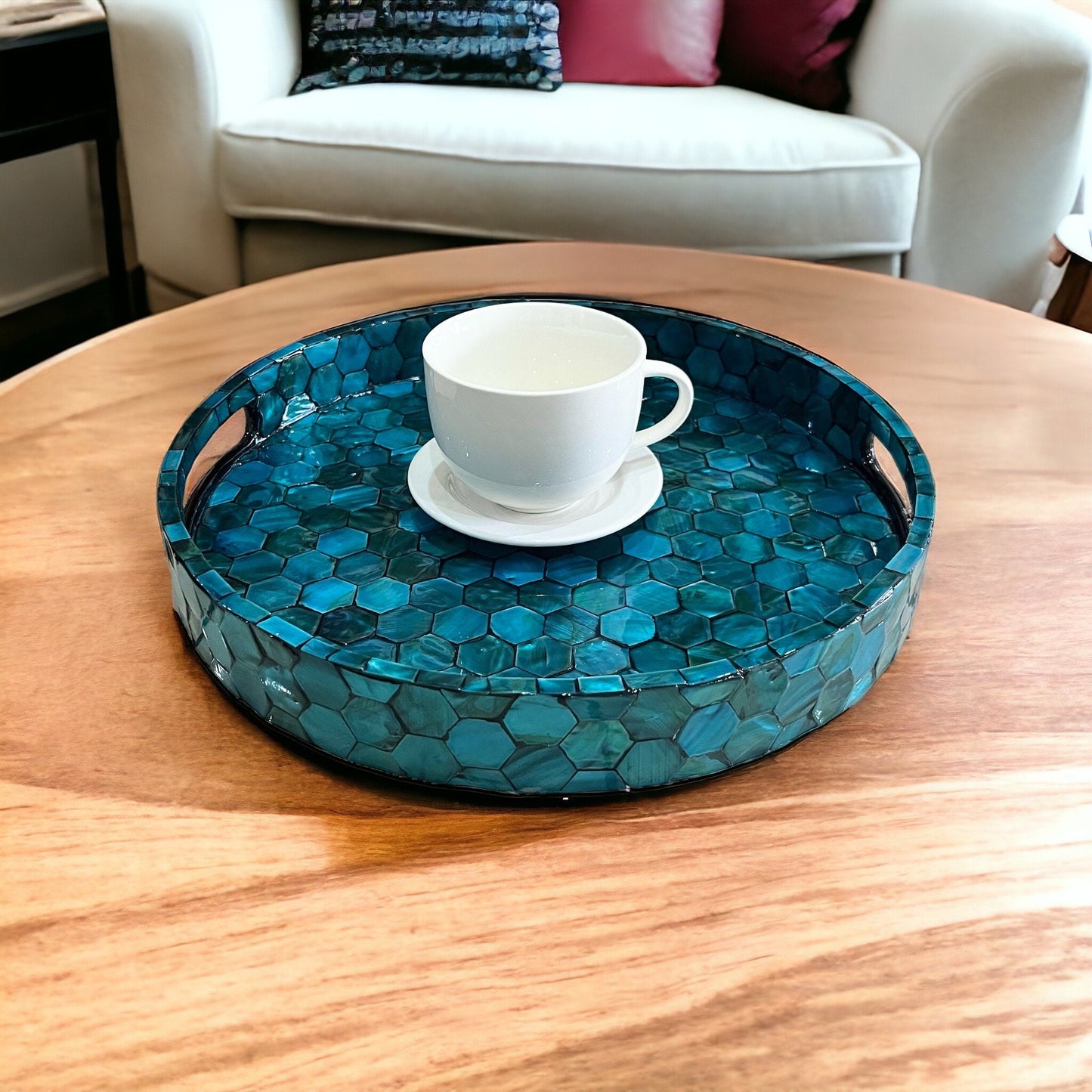 Teal Blue Mother of Pearl Hexagon Inlay Tray
