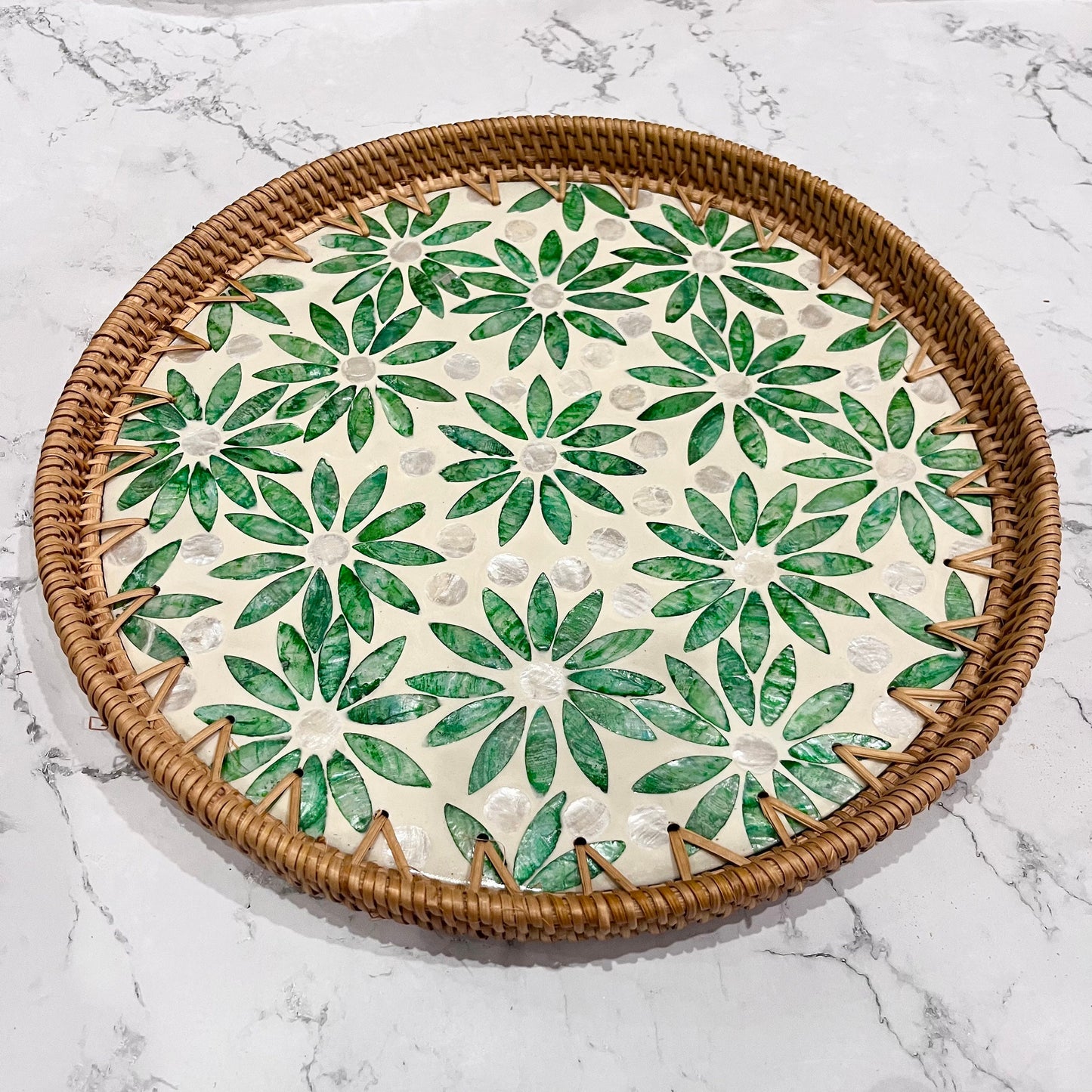 Round Rattan Tray with Green Floral Capiz Shell Inlay