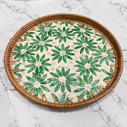 Round Rattan Tray with Green Floral Capiz Shell Inlay