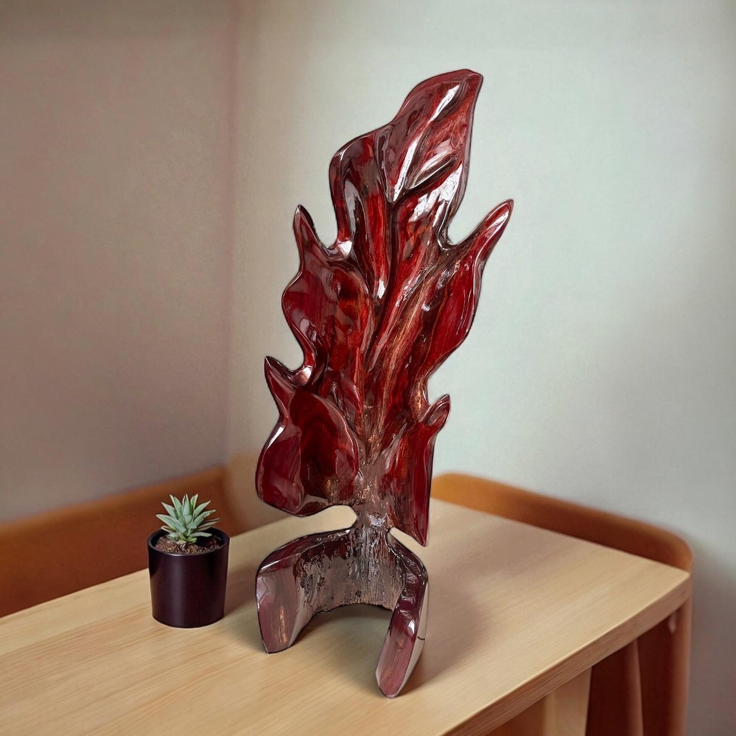 Hand-Carved Rosewood Oak Leaf Sculpture: Polished Wood Decor (22")