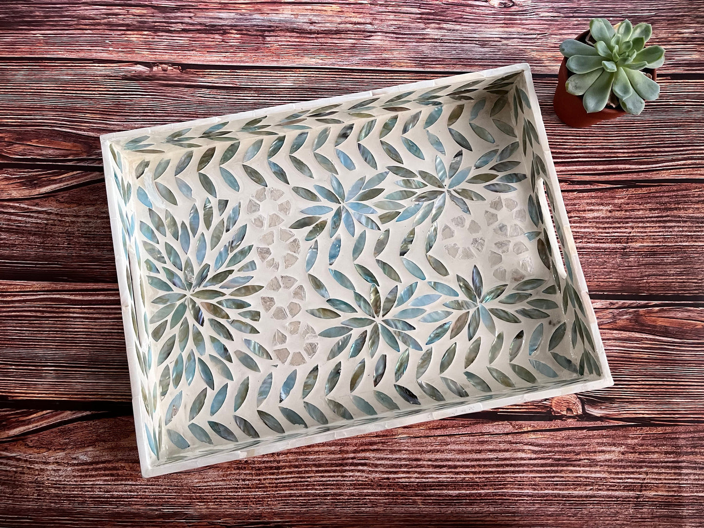 Rectangular Mother of Pearl & Capiz Shell Inlay Tray – Decorative Serving Tray