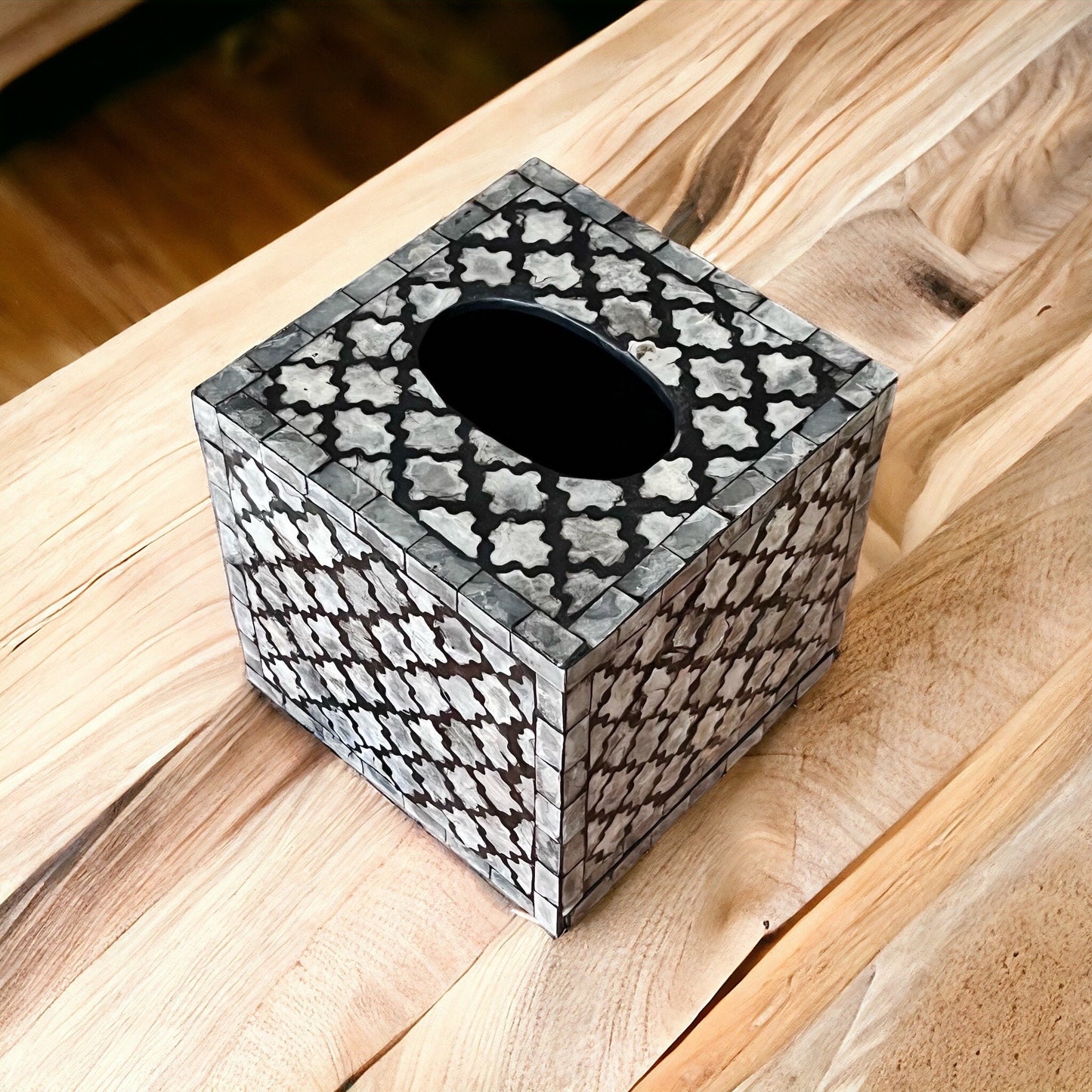 Black & Ivory Capiz Shell Tissue Box Cover – Square Moroccan Pattern MDF Holder