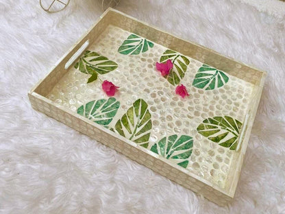 Green Leaf Capiz Shell Rectangular Tray with Handles