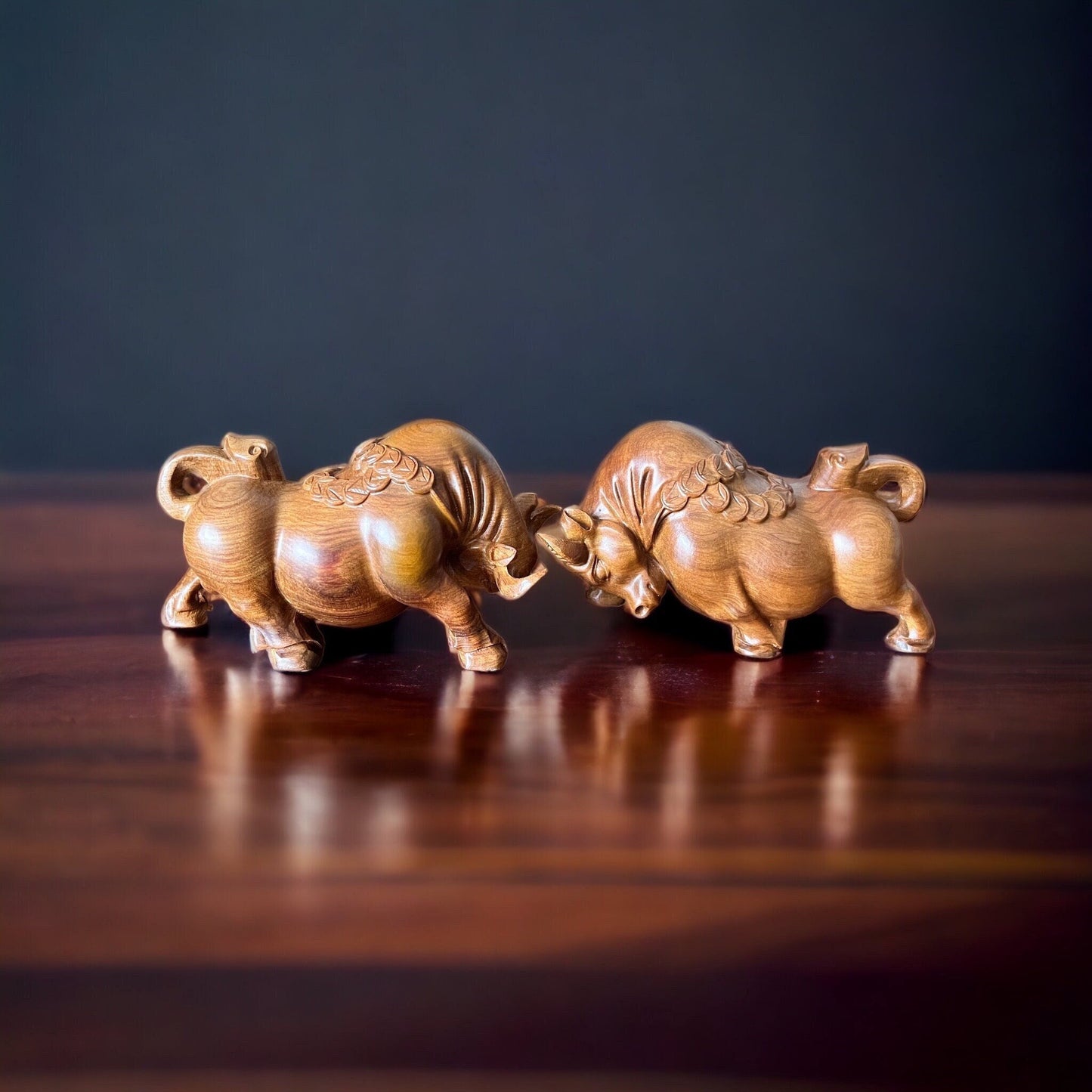 Feng Shui Bull Figurines Set of 2 | Green Cypress Wood