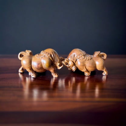 Feng Shui Bull Figurines Set of 2 | Green Cypress Wood