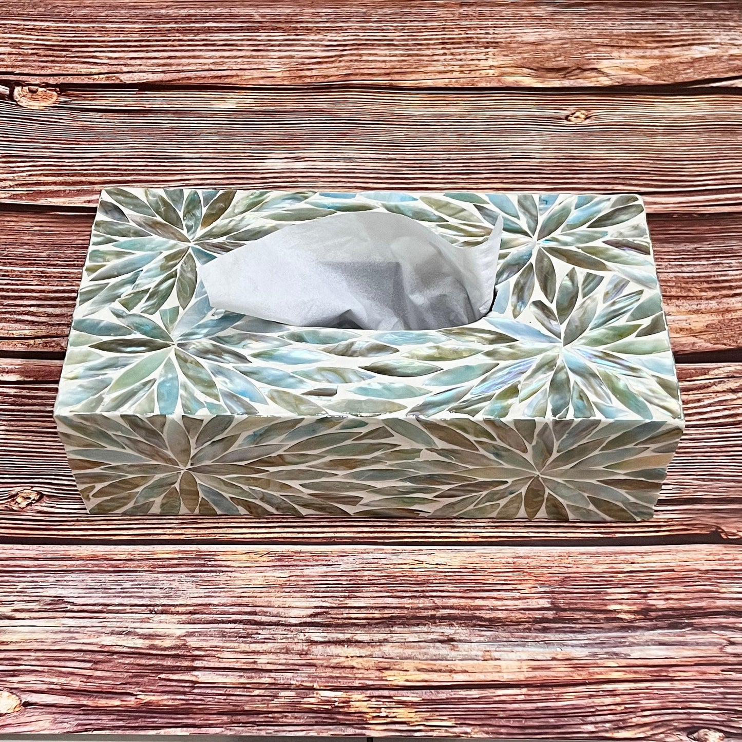 Rectangular Mother of Pearl Inlay Tissue Box: Aqua Flower Nacre Design