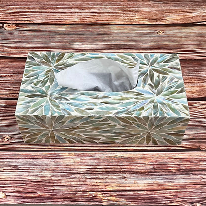 Rectangular Mother of Pearl Inlay Tissue Box: Aqua Flower Nacre Design