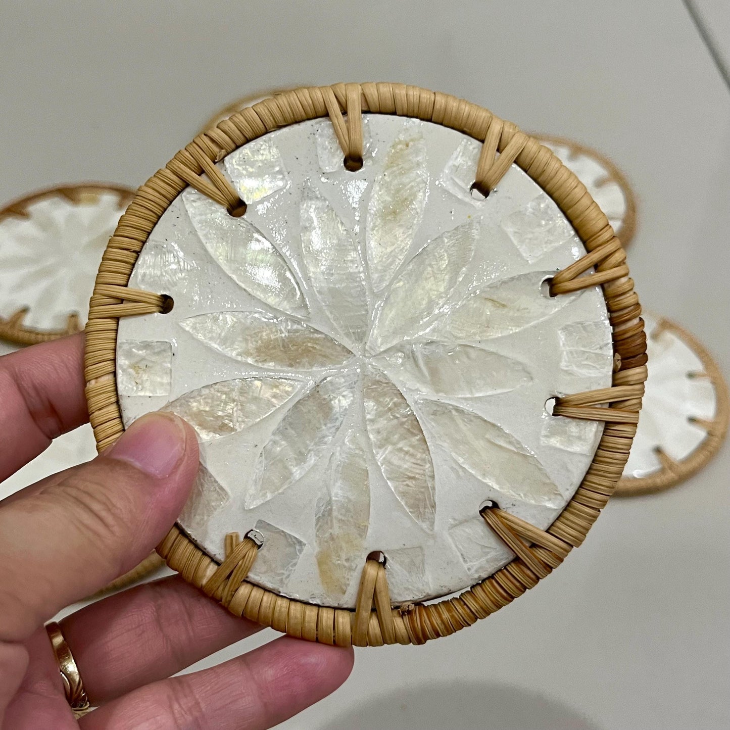 Ivory Floral Capiz Shell Coaster Set with Rattan Holder