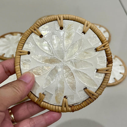 Ivory Floral Capiz Shell Coaster Set with Rattan Holder
