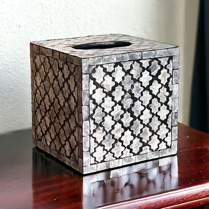 Black & Ivory Capiz Shell Tissue Box Cover – Square Moroccan Pattern MDF Holder