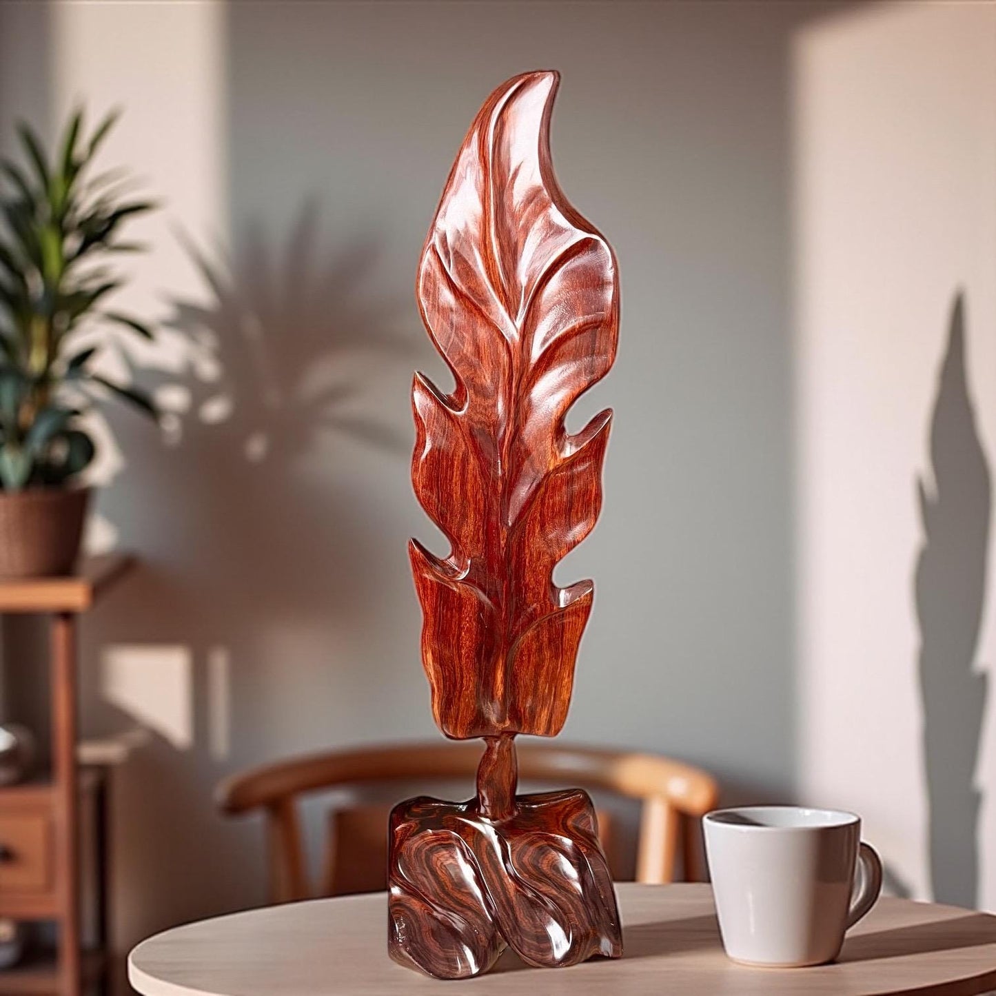 Hand-Carved Rosewood Oak Leaf Sculpture: Natural Wood Decor 27'' tall