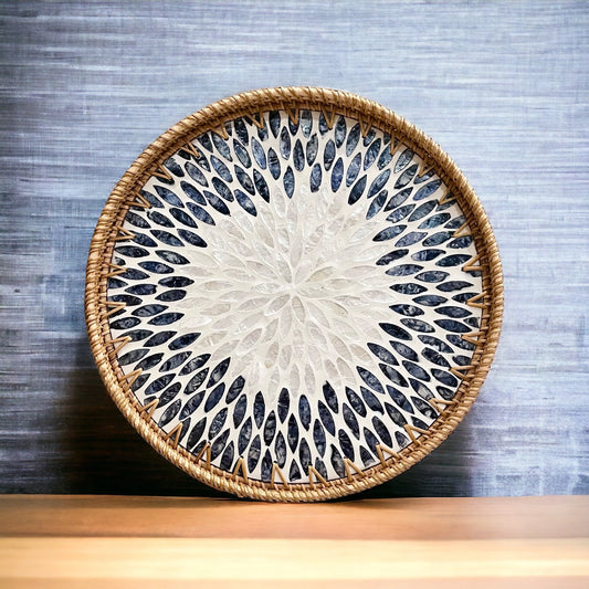 Round Rattan Tray with Black & Ivory Capiz Shell Inlay – Handmade Serving Tray