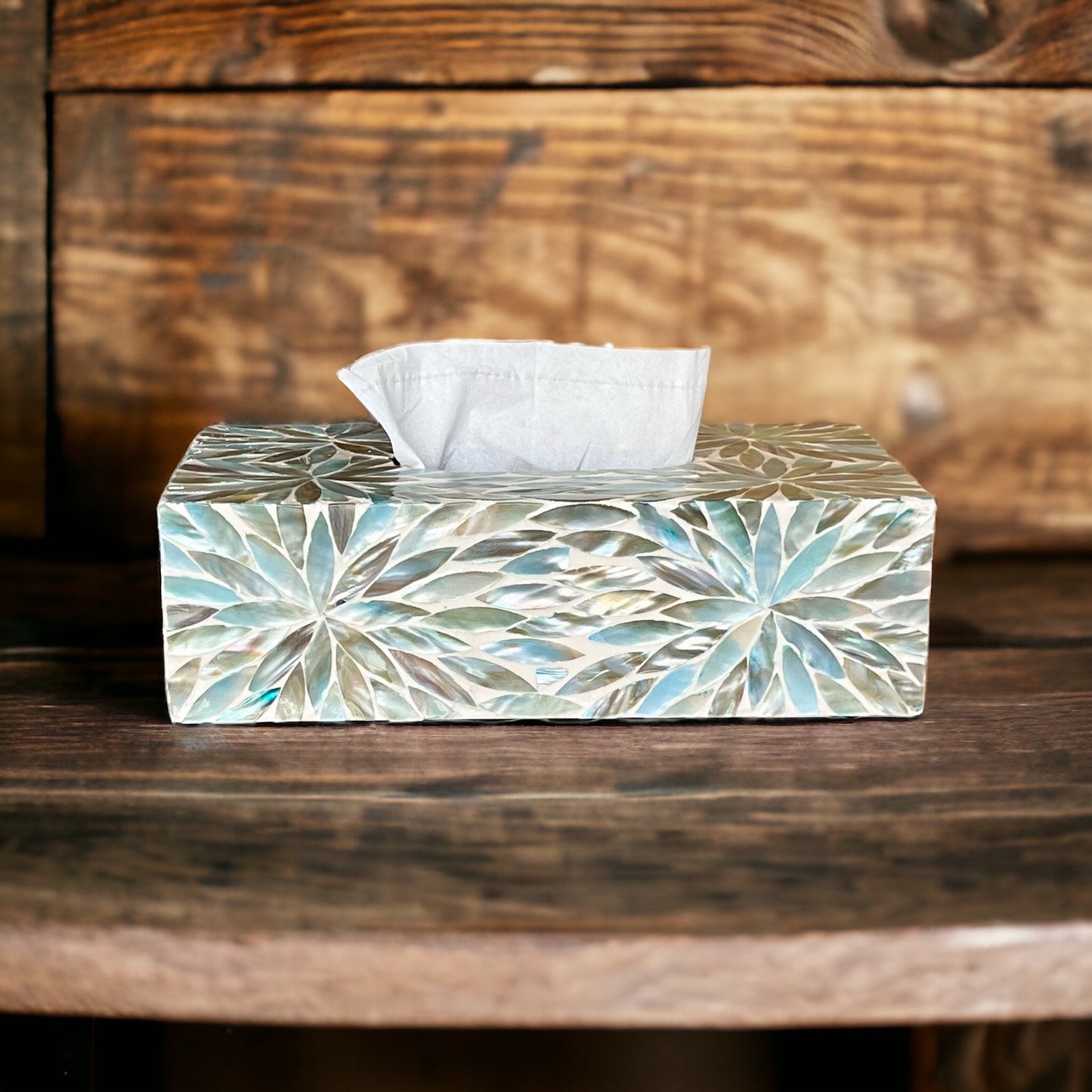 Rectangular Mother of Pearl Inlay Tissue Box: Aqua Flower Nacre Design