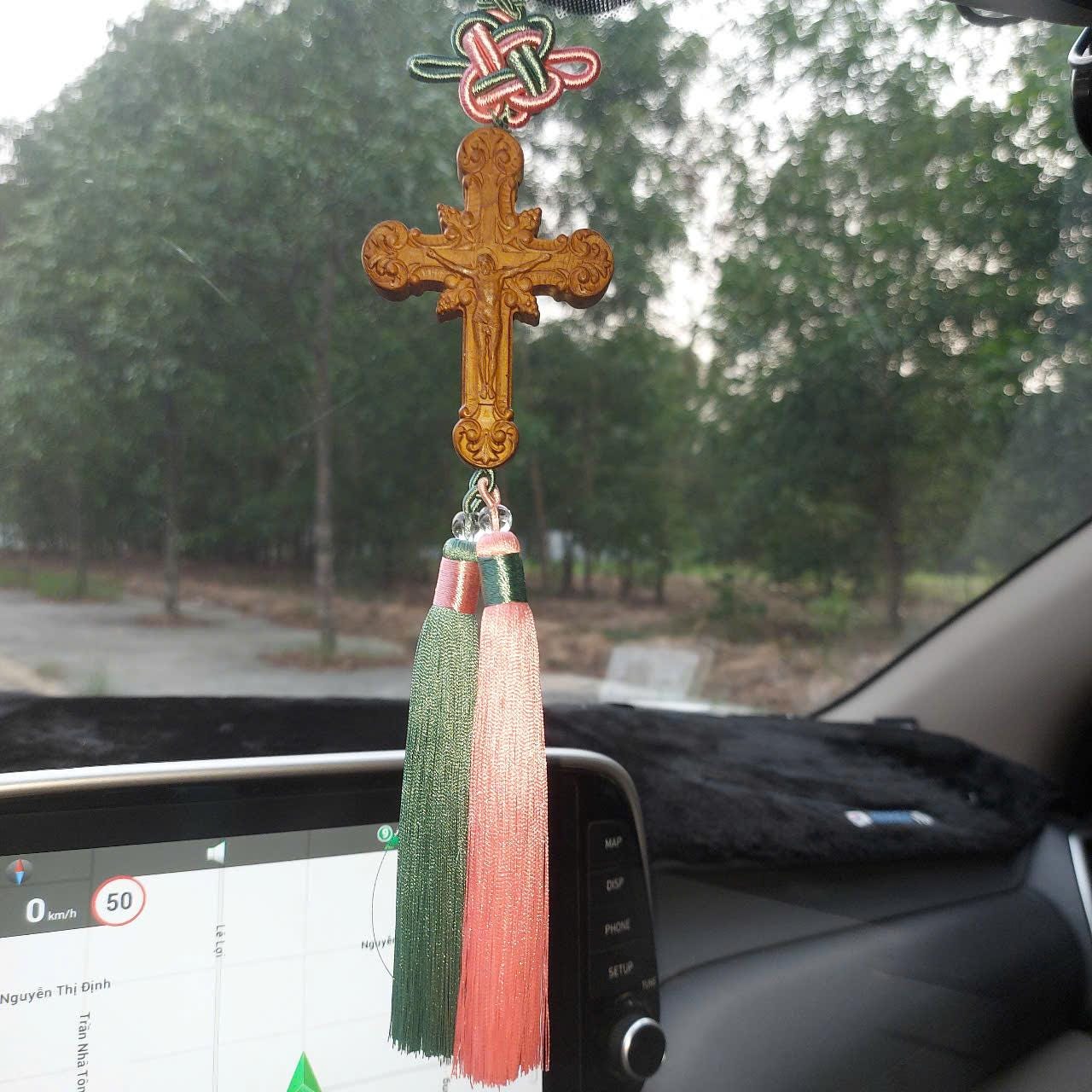 Handmade Wooden Cross Car Charm: Catholic Rearview Mirror Ornament