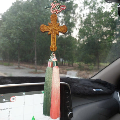 Handmade Wooden Cross Car Charm: Catholic Rearview Mirror Ornament