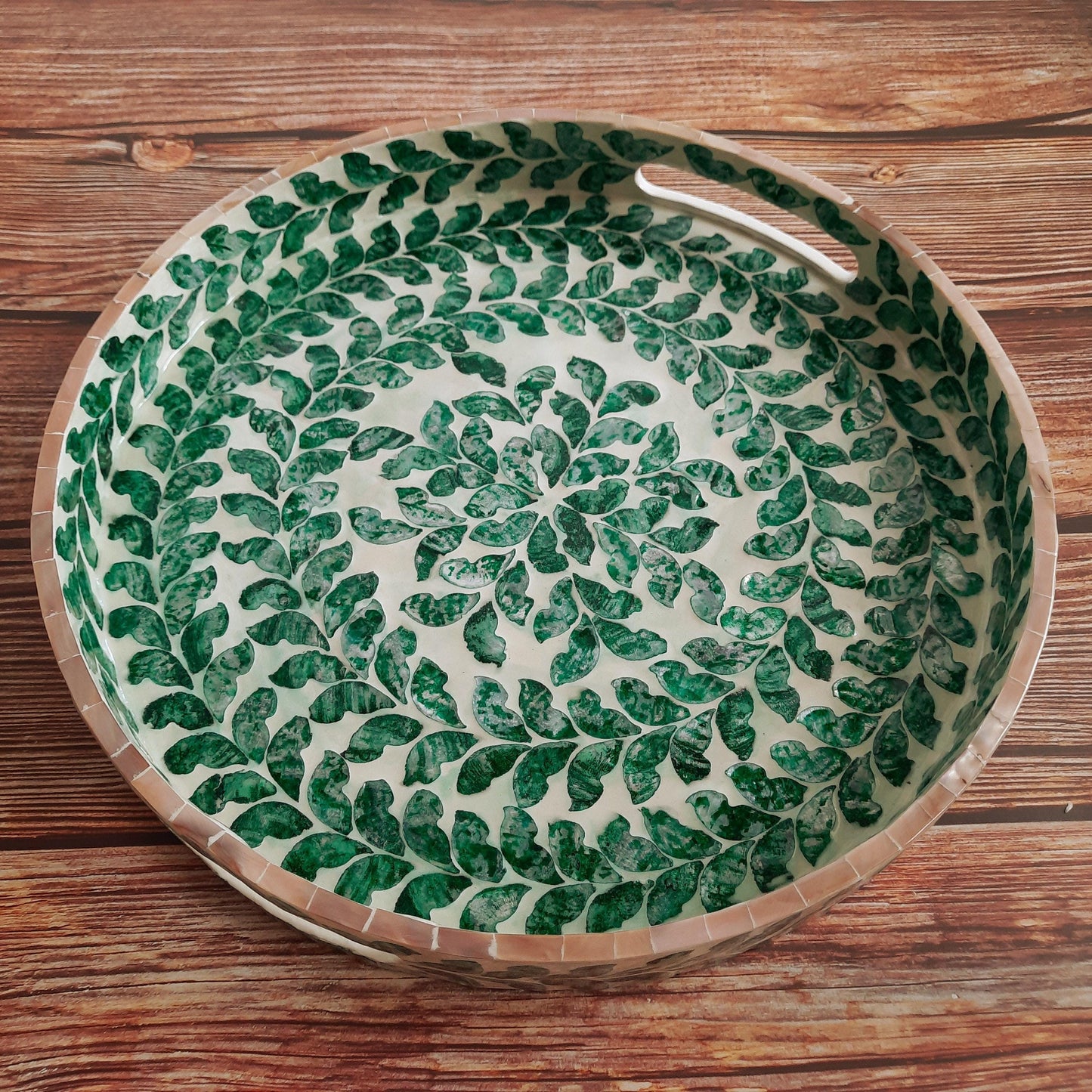 Round Capiz Shell Inlay Tray with Green Leaf Pattern – Decorative Coffee & Serving Tray