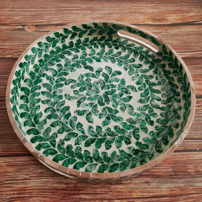 Round Capiz Shell Inlay Tray with Green Leaf Pattern – Decorative Coffee & Serving Tray