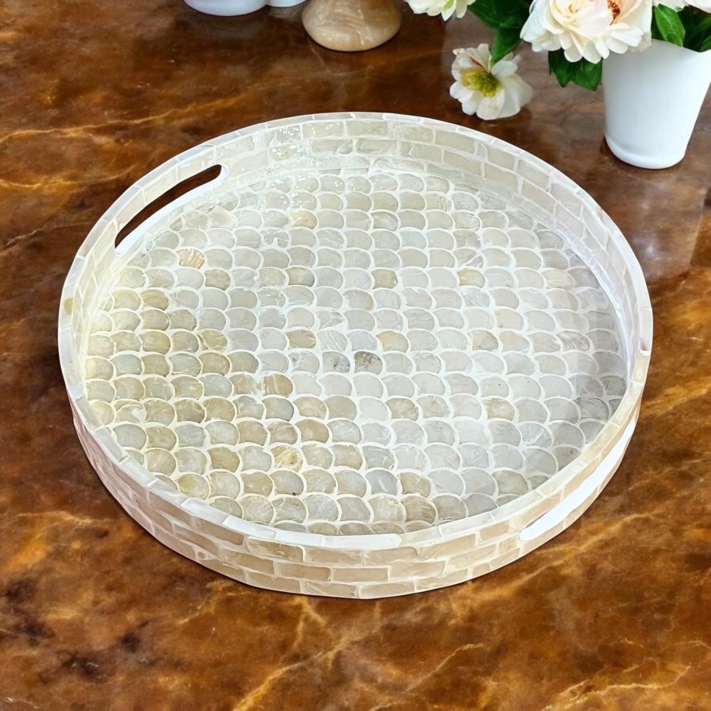 Round Ivory Capiz Shell & Mother of Pearl Scallop Inlay Tray
