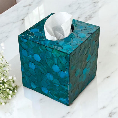 Square Blue Teal Hexagon Mother of Pearl Tissue Box Cover